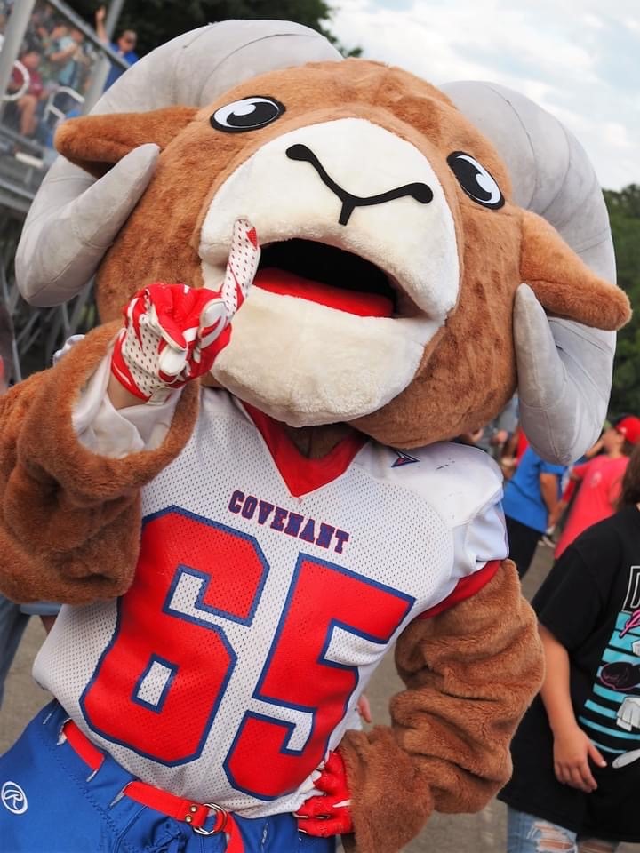 Ram mascot holding up his first finger indicating "number 1"